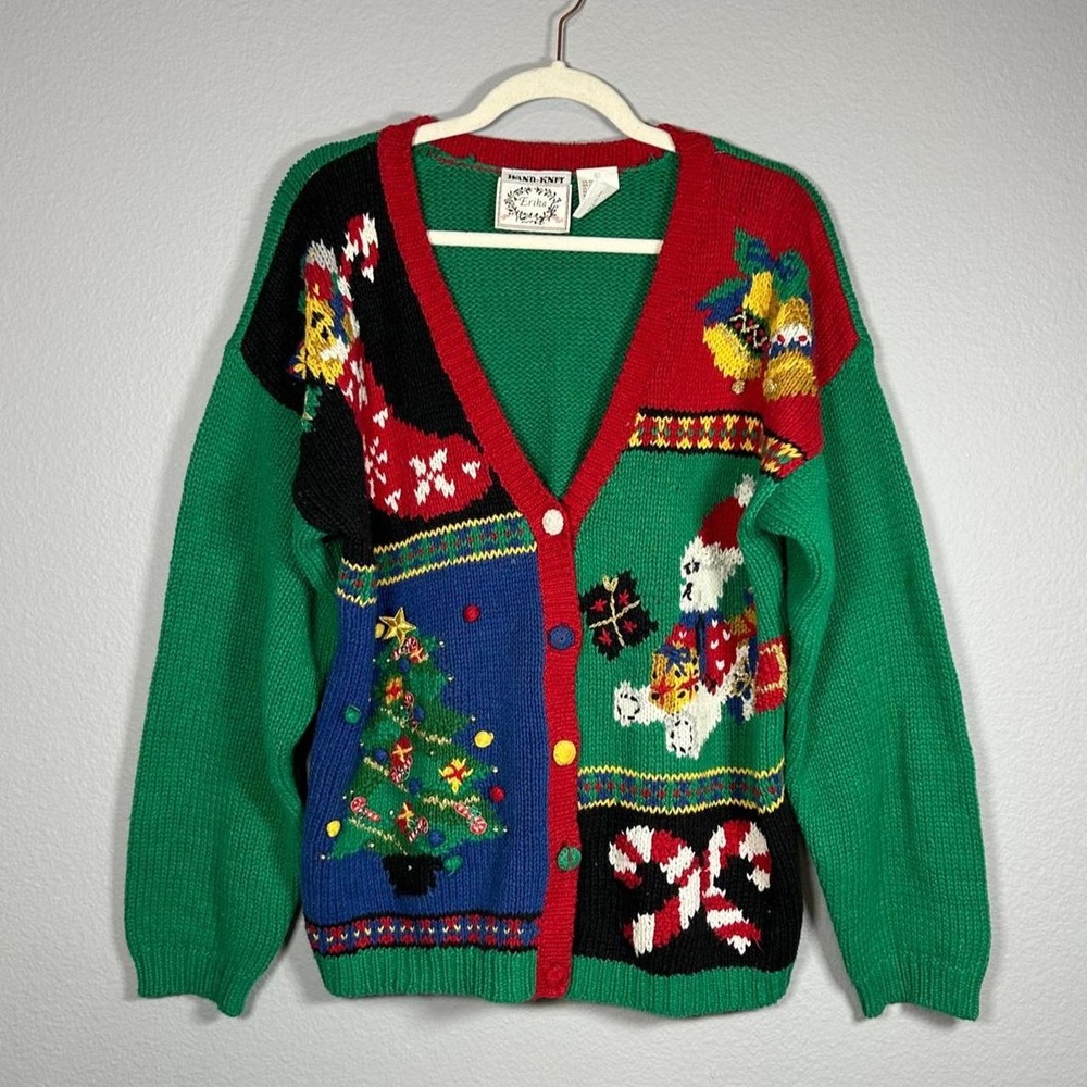 Erika Hand Knit Christmas Cardigan Sweater Embroidered Womens L Holiday Festive